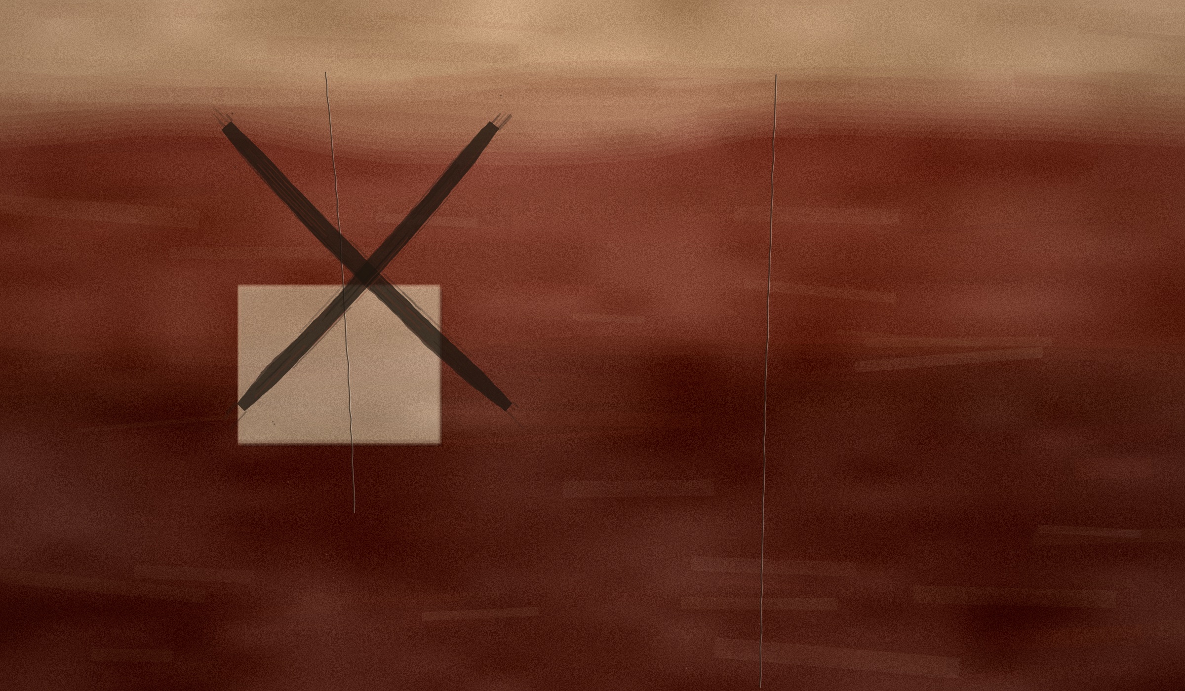 Abstract painting: dark X on deep oxblood field