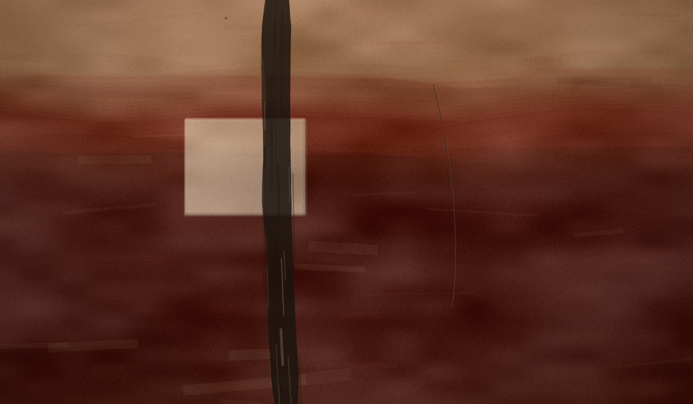 Abstract painting: dark vertical stroke on oxblood dusk