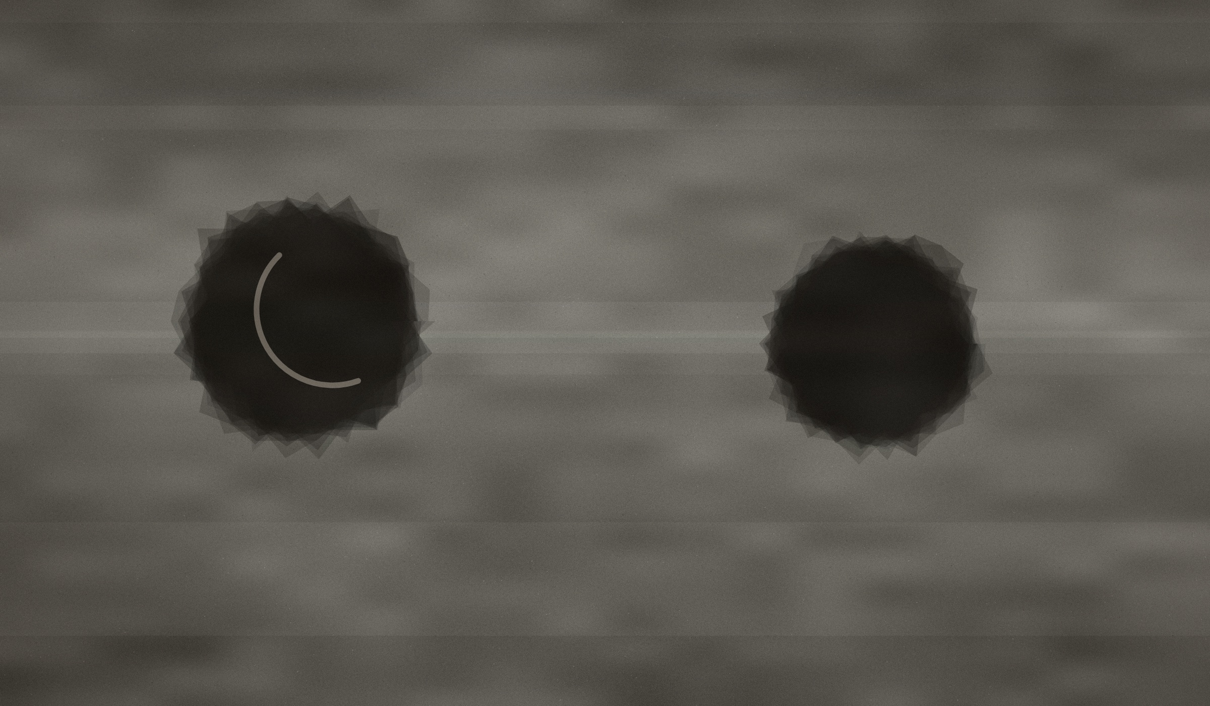 Abstract painting: two black orbs on a washed grey ground