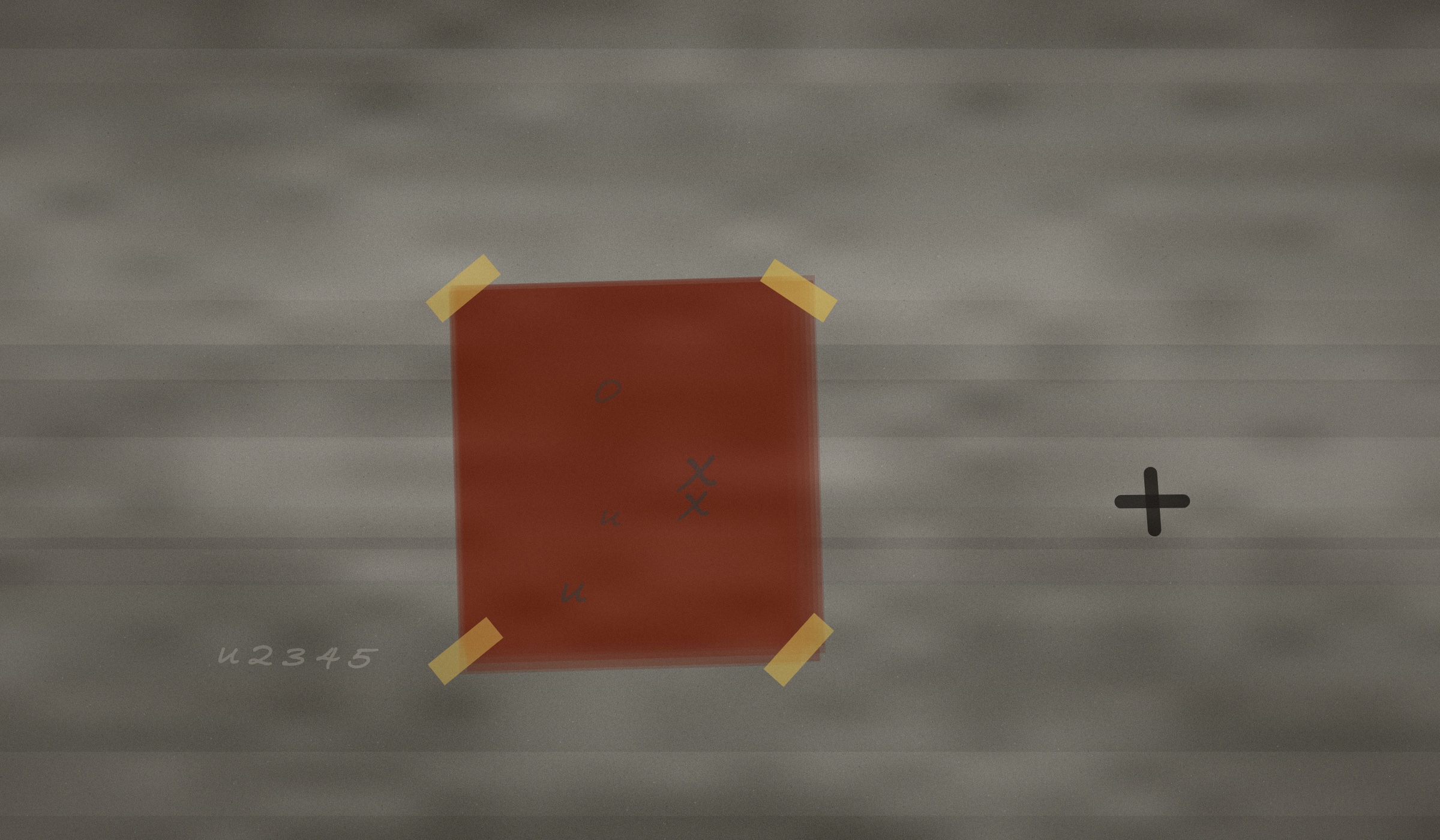 Abstract painting: deep red taped sheet on a washed grey ground
