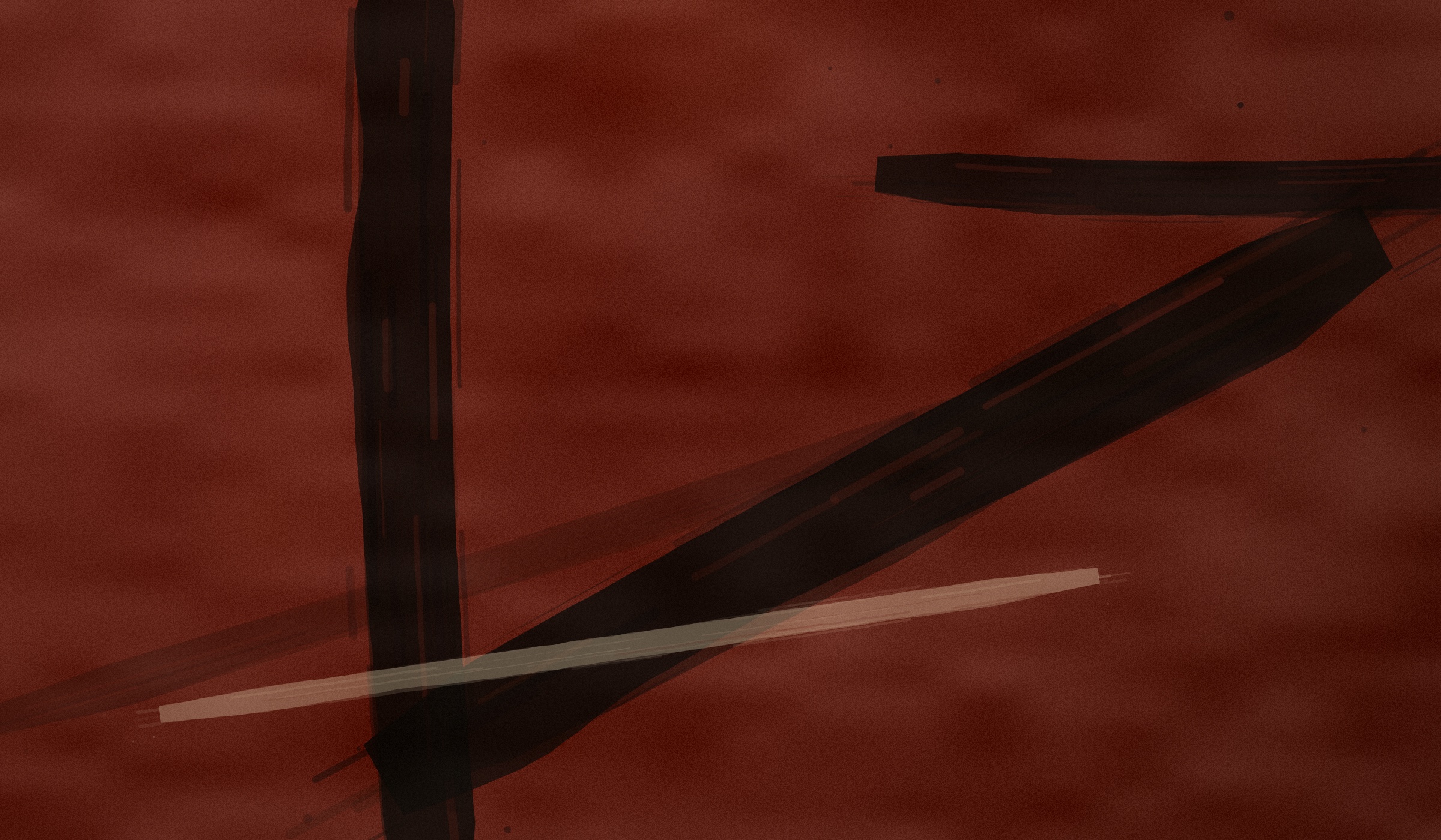Abstract painting: black gestural strokes on a burnt red ground