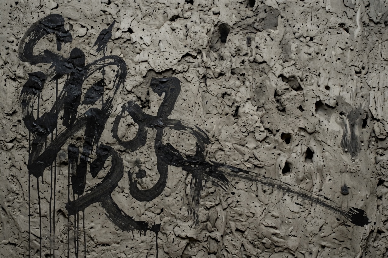 Abstract painting: black calligraphic brush gesture on a pocked plaster ground