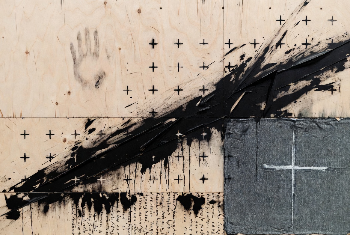 Abstract painting: black slash, crosses, and a grey cloth square on pale plywood